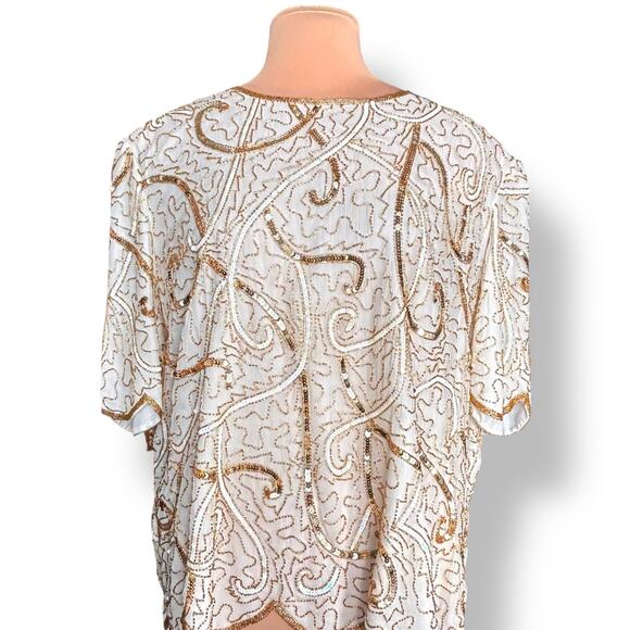 Vintage 90s Beaded Silk Top Metallic Sequin Gold White Evening Blouse Plus Size - Picture 1 of 12